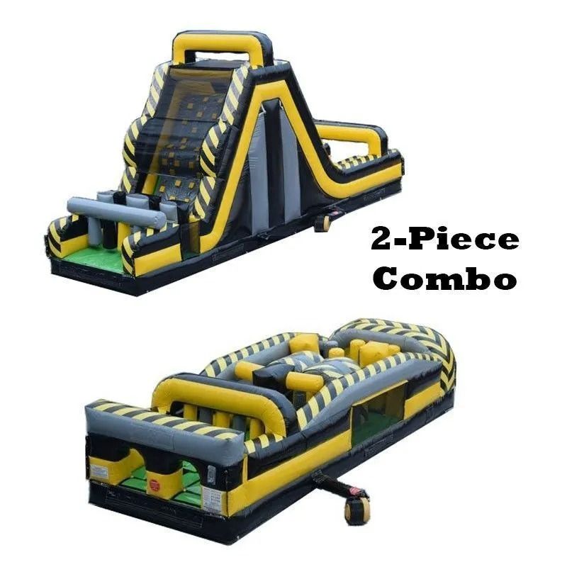 Two-piece inflatable obstacle course. Black, yellow, and gray design. Features climbing wall and various obstacles.