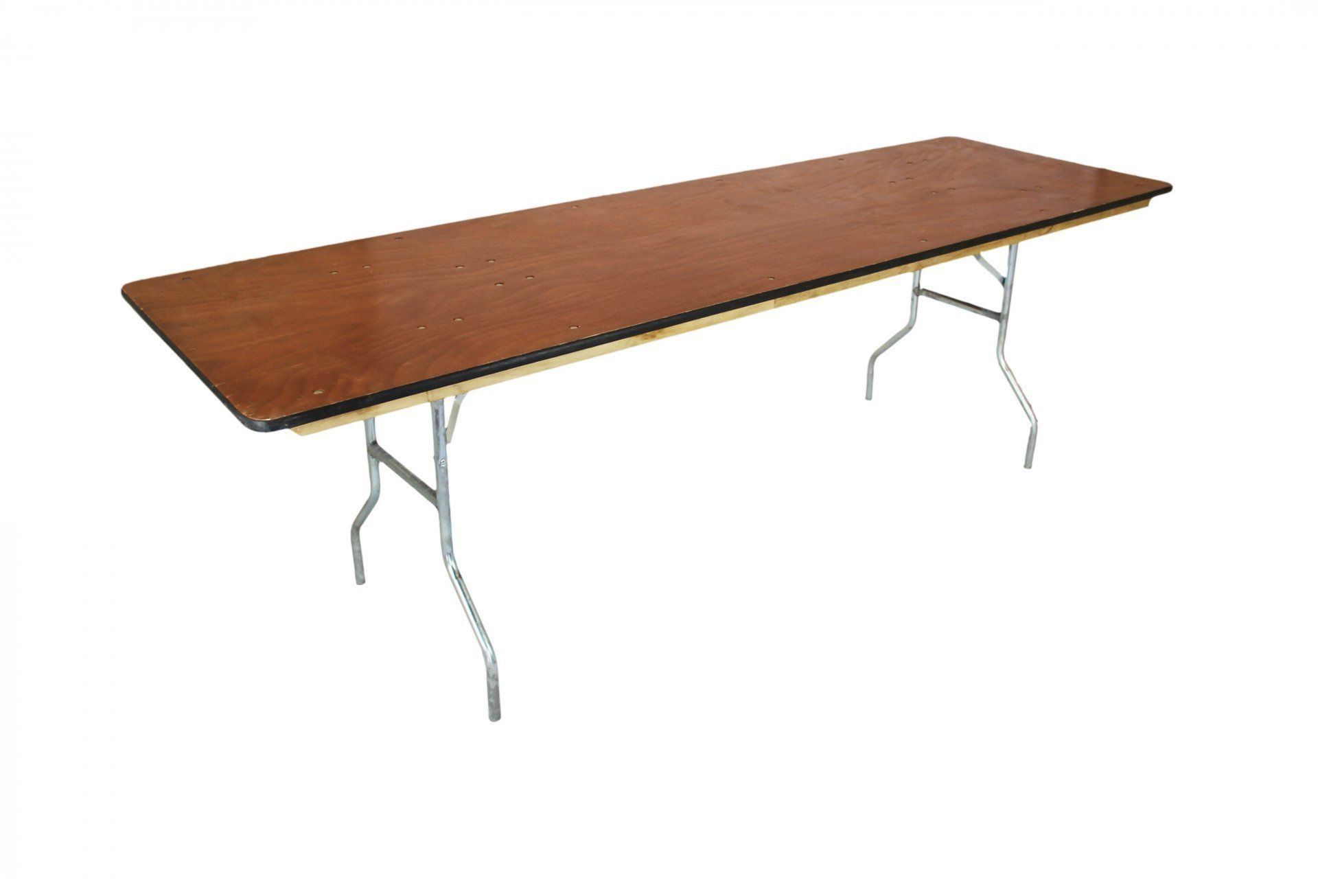 Rectangular brown folding table with metal legs, set on a white background.