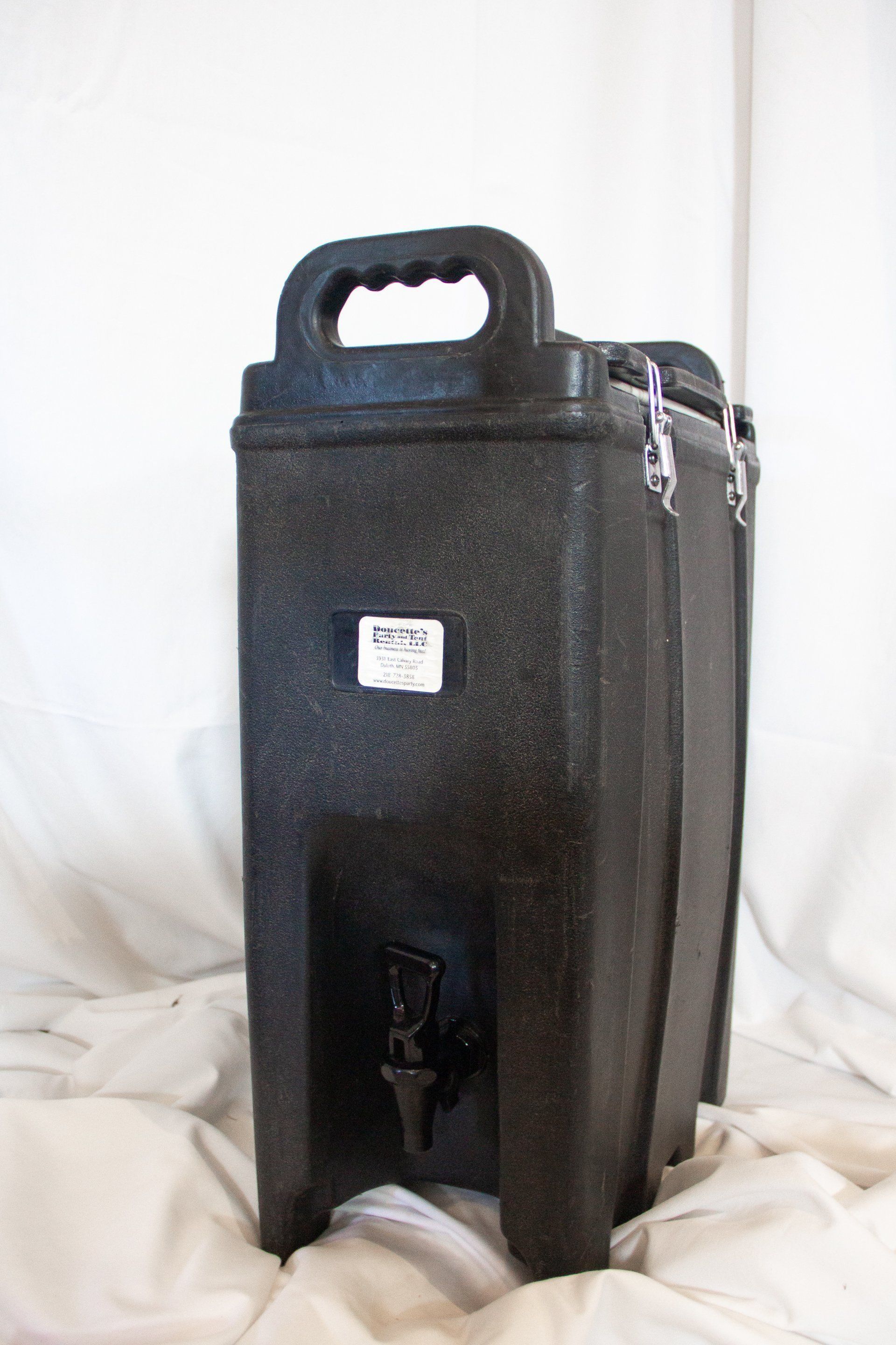 Black insulated beverage dispenser with spigot and handle.