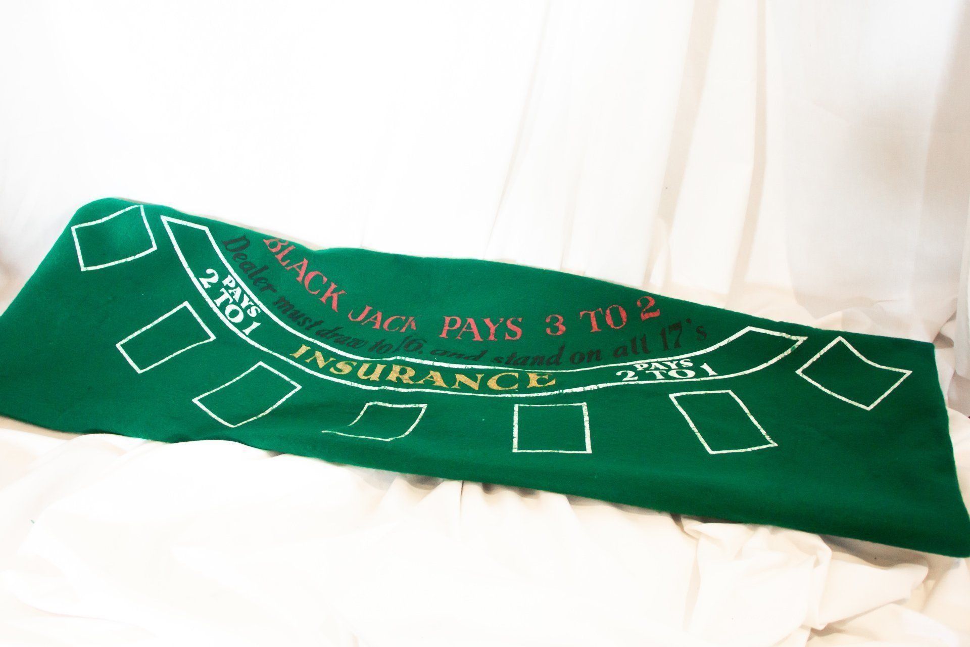 Green felt Blackjack table with white markings and text, "Black Jack Pays 3 to 2" and "Insurance".