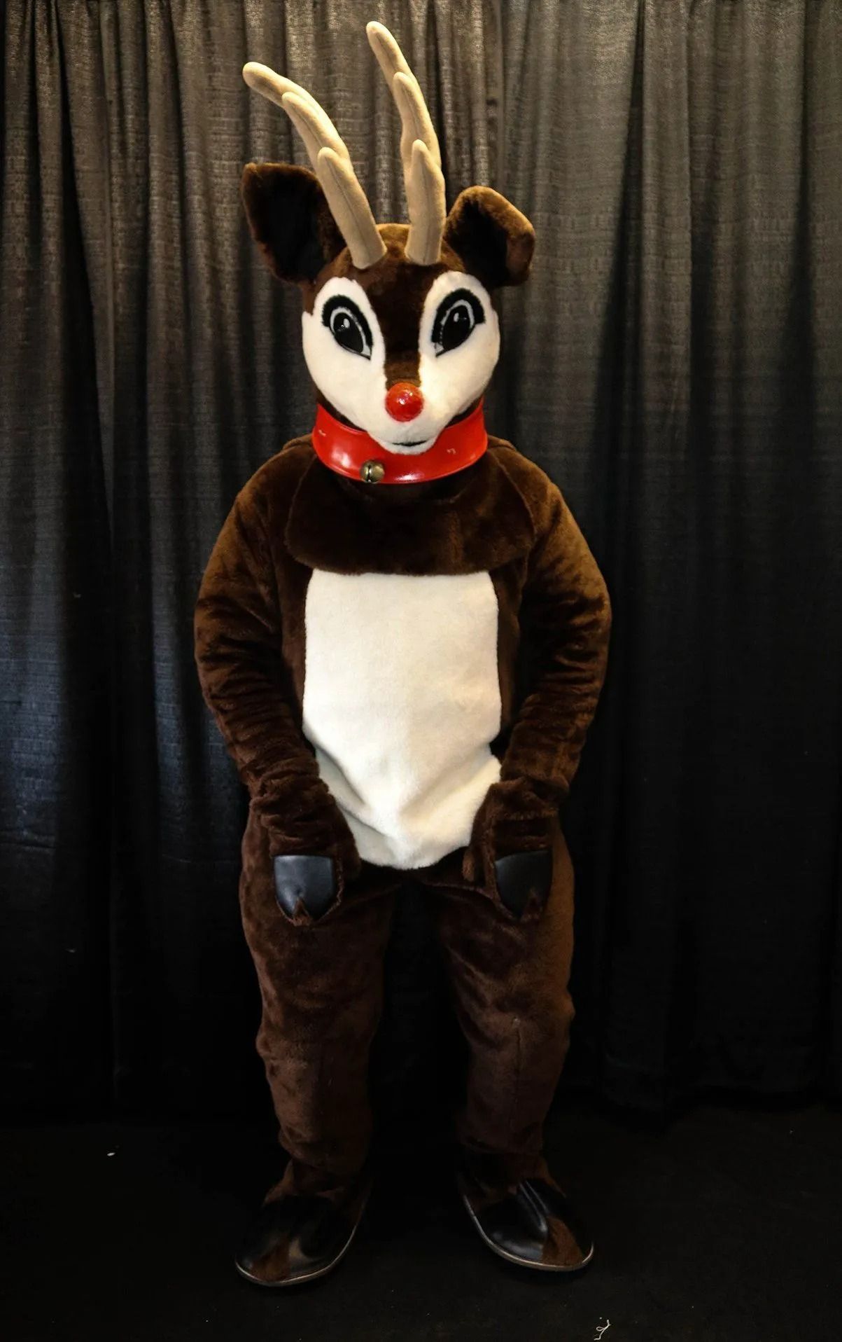 Brown reindeer mascot wearing a red collar, standing in front of a black curtain.