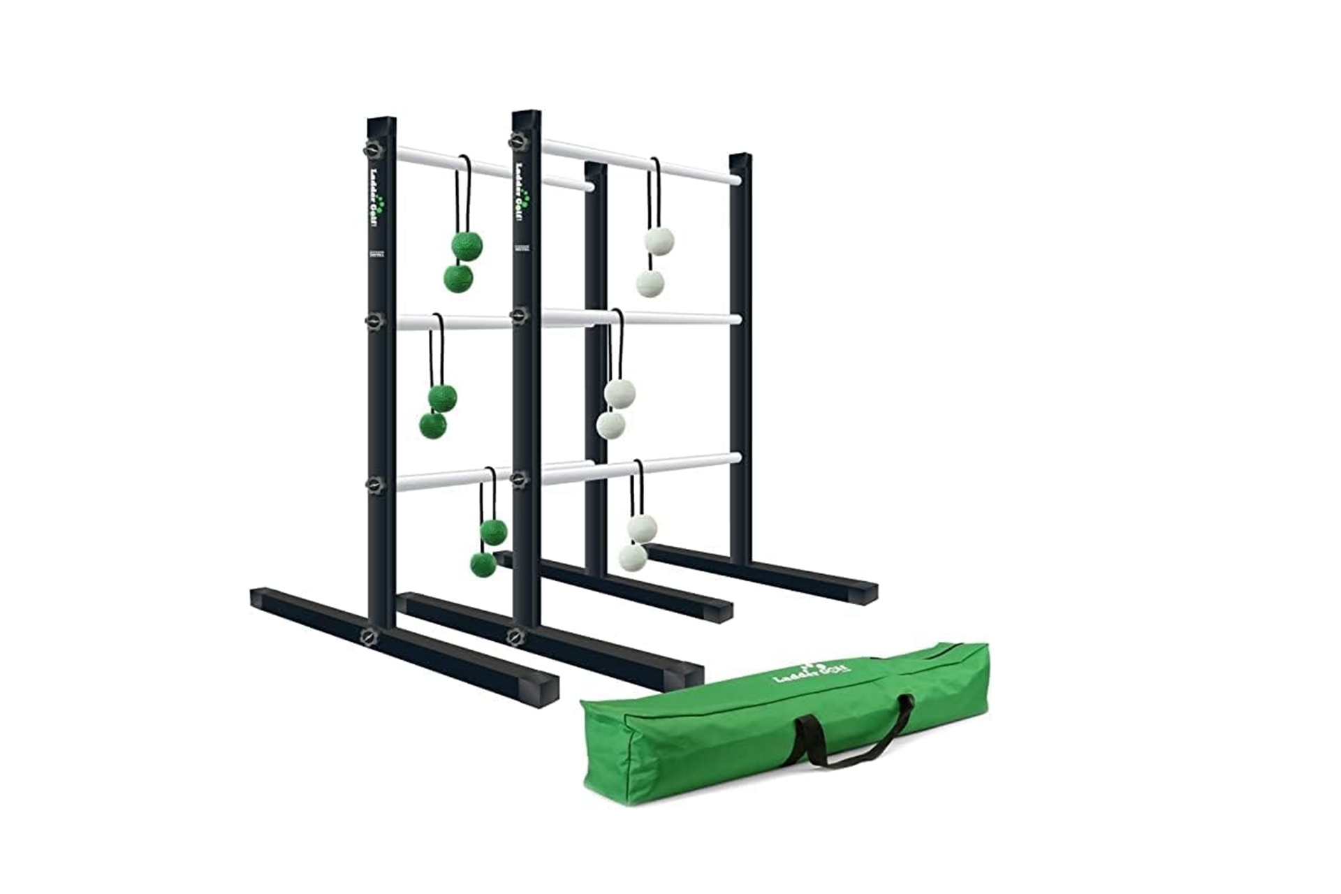 Ladder toss game with green and white bolas, and a green carrying bag.