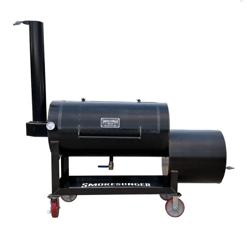 Black barrel smoker on a rolling cart with a chimney and firebox.