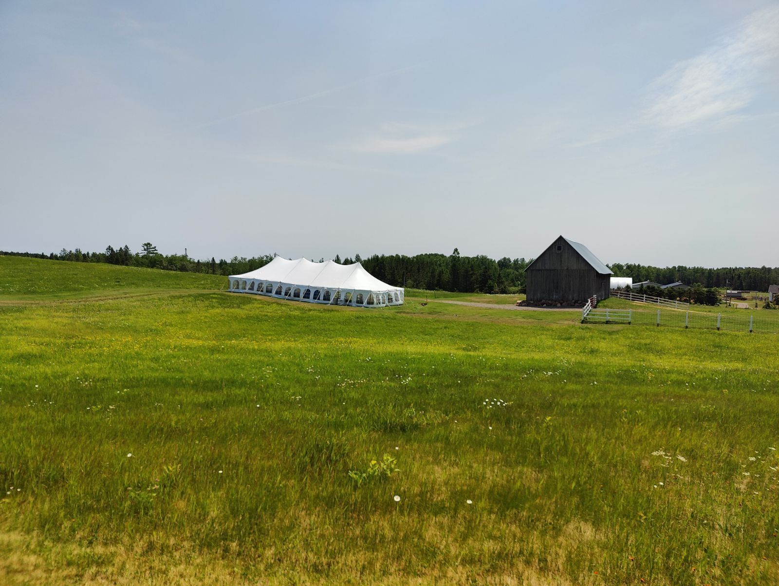 White tent and barn on a grassy field under a blue sky.