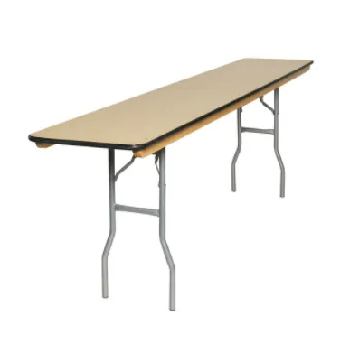 Tan rectangular folding table with silver legs.