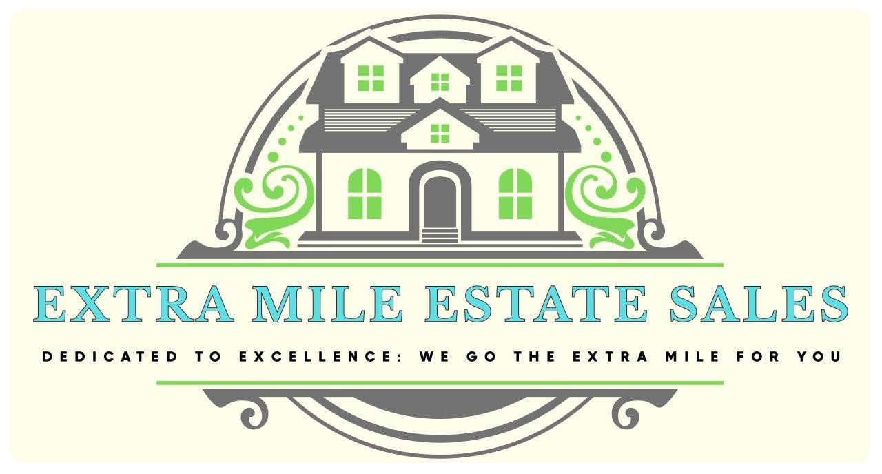 Logo for Extra Mile Estate Sales featuring a house illustration and text.