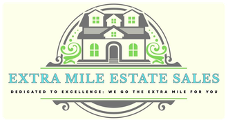 Logo for Extra Mile Estate Sales featuring a house illustration and text.