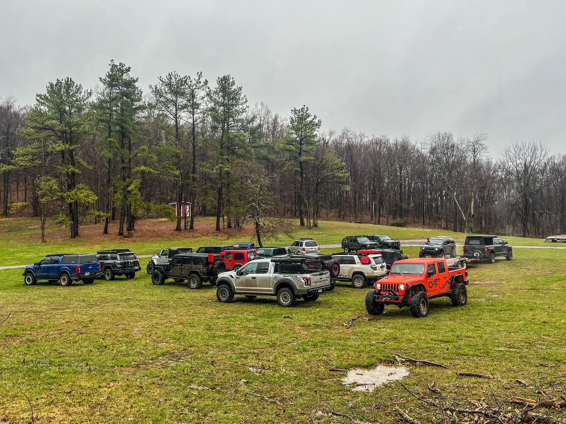 A group of jeep parked in a grassy field
