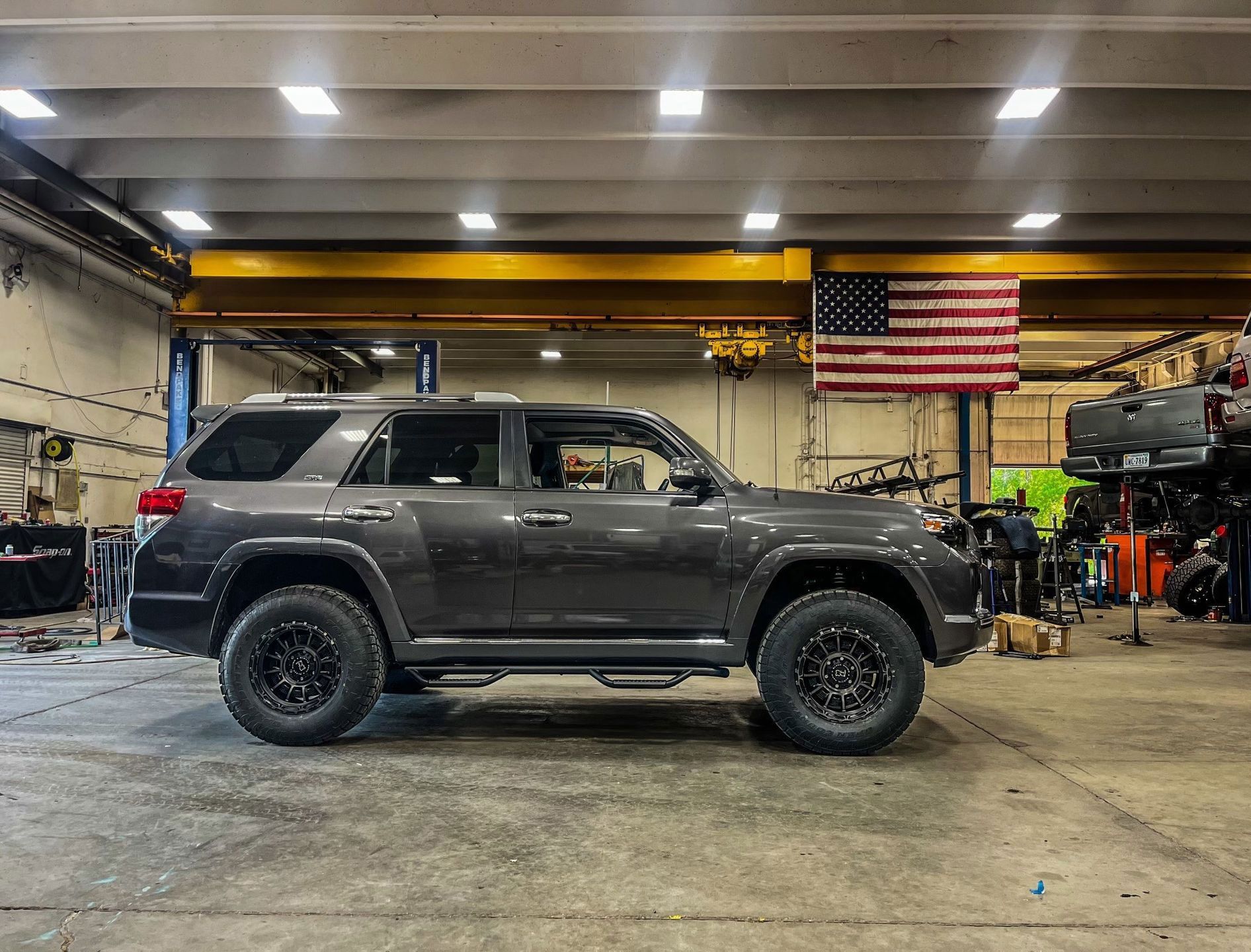 dark SUV in the garage