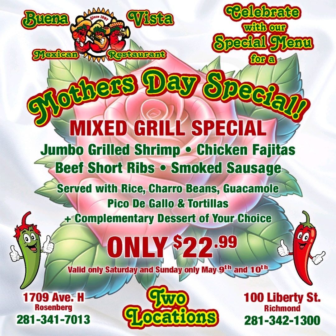 Mothers Day Special menu poster for two restaurant locations, with red-green festive text and seafood/grill prices.