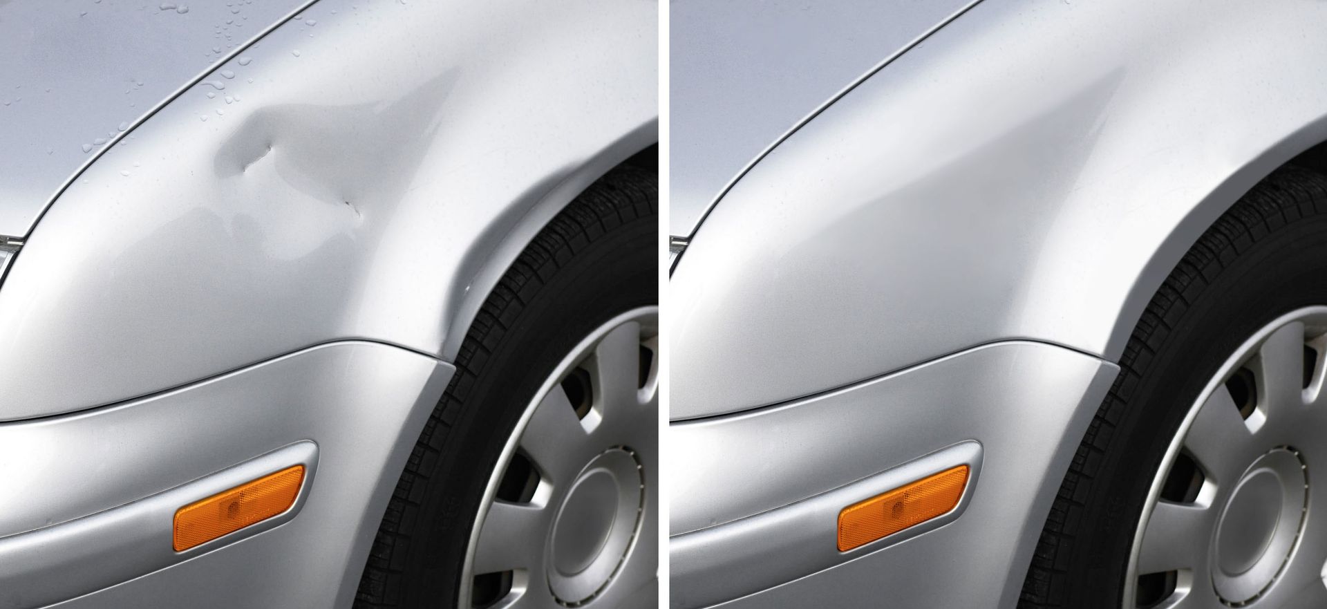 Close-up of a silver car&rsquo;s front fender and wheel with an orange side marker light