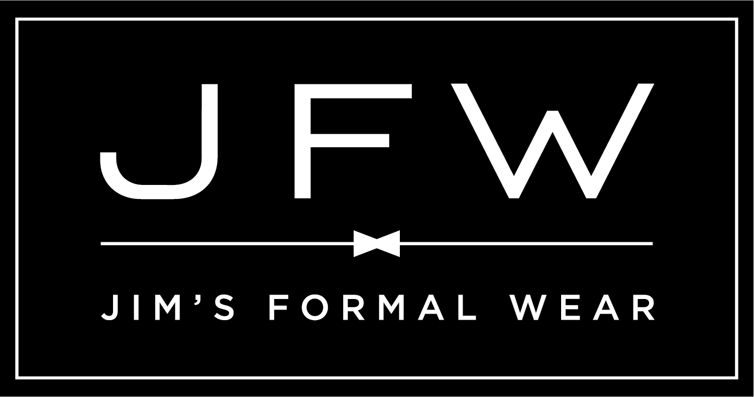 Black logo for JFW with JIM’S FORMAL WEAR underneath in white text