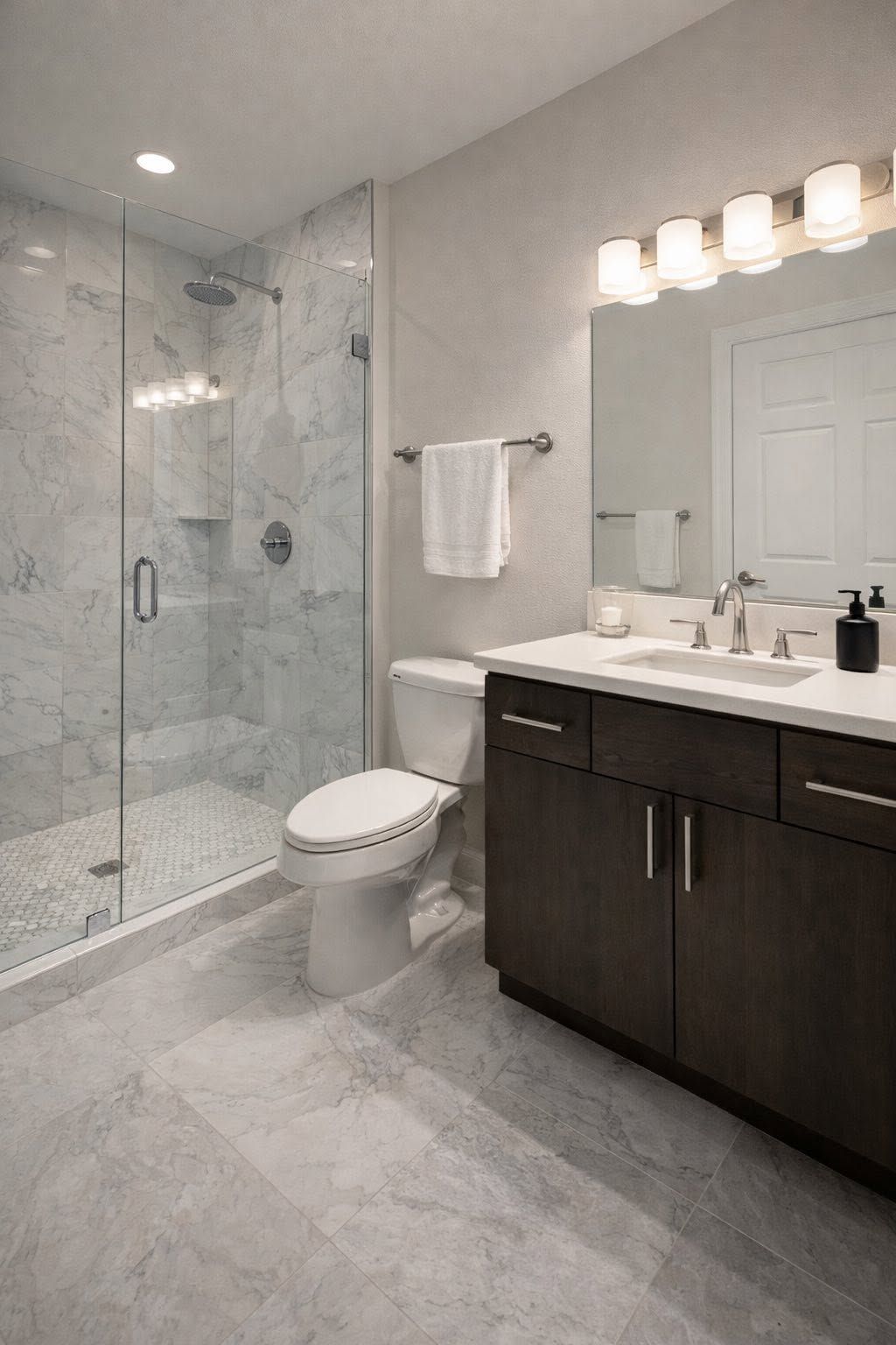 Modern bathroom with glass shower, toilet, dark vanity, and large mirror under bright lights