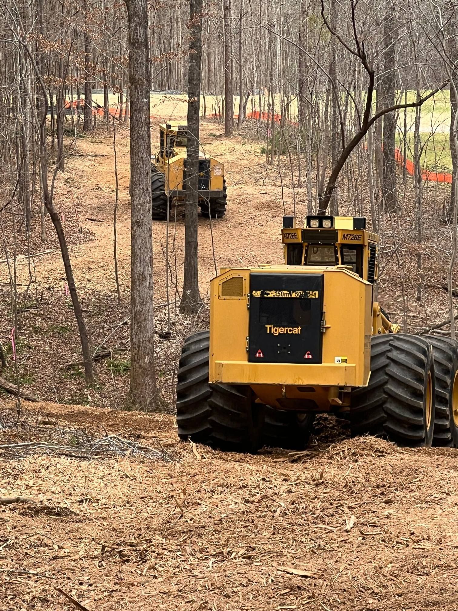 Two yellow TigerCat logging machines on a dirt path in a forest; one in the foreground, one further back.