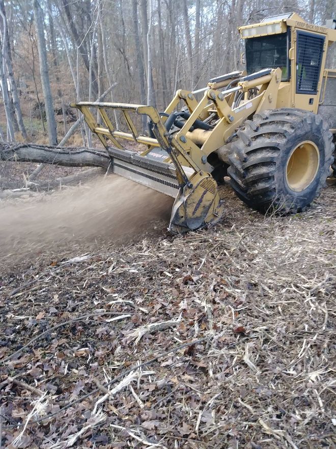 Yellow forestry machine mulching debris in a forest, creating wood chips.