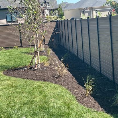 A backyard with a dark brown mulch bed, lush green grass, and a gray and black fence.