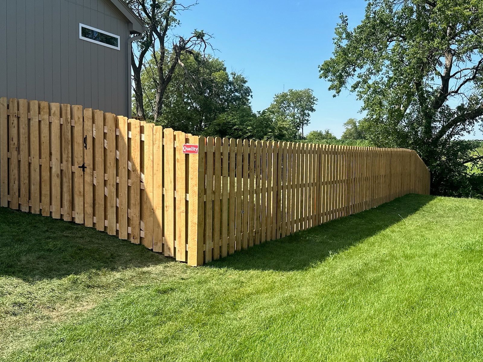 Wooden fence in a grassy yard, beside a house with a small window. Sunny day.