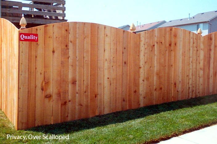 Wooden privacy fence with scalloped top, built on green grass.
