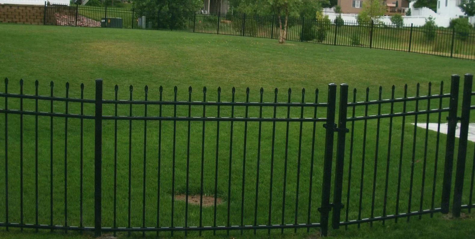 Black metal fence encloses a green lawn, with houses visible in the background.