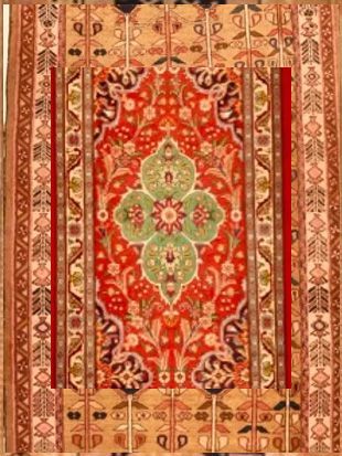 A red rug with a green flower on it