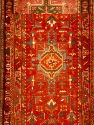 A red rug with a geometric pattern on it