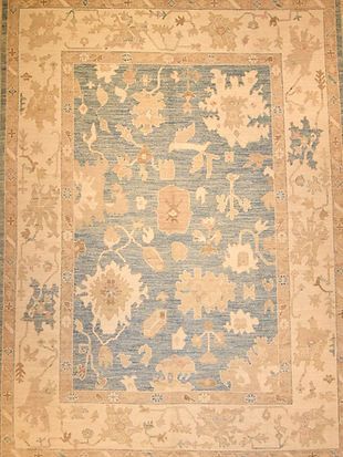 A blue and tan rug with a floral pattern on it