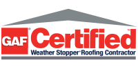 GAF Certified Weather Stopper Roofing Contractor logo. Red square with 