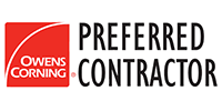 Owens Corning Preferred Contractor logo: red square with white curved line and text. 