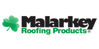Logo for Malarkey Roofing Products featuring a green shamrock and company name in black and green.