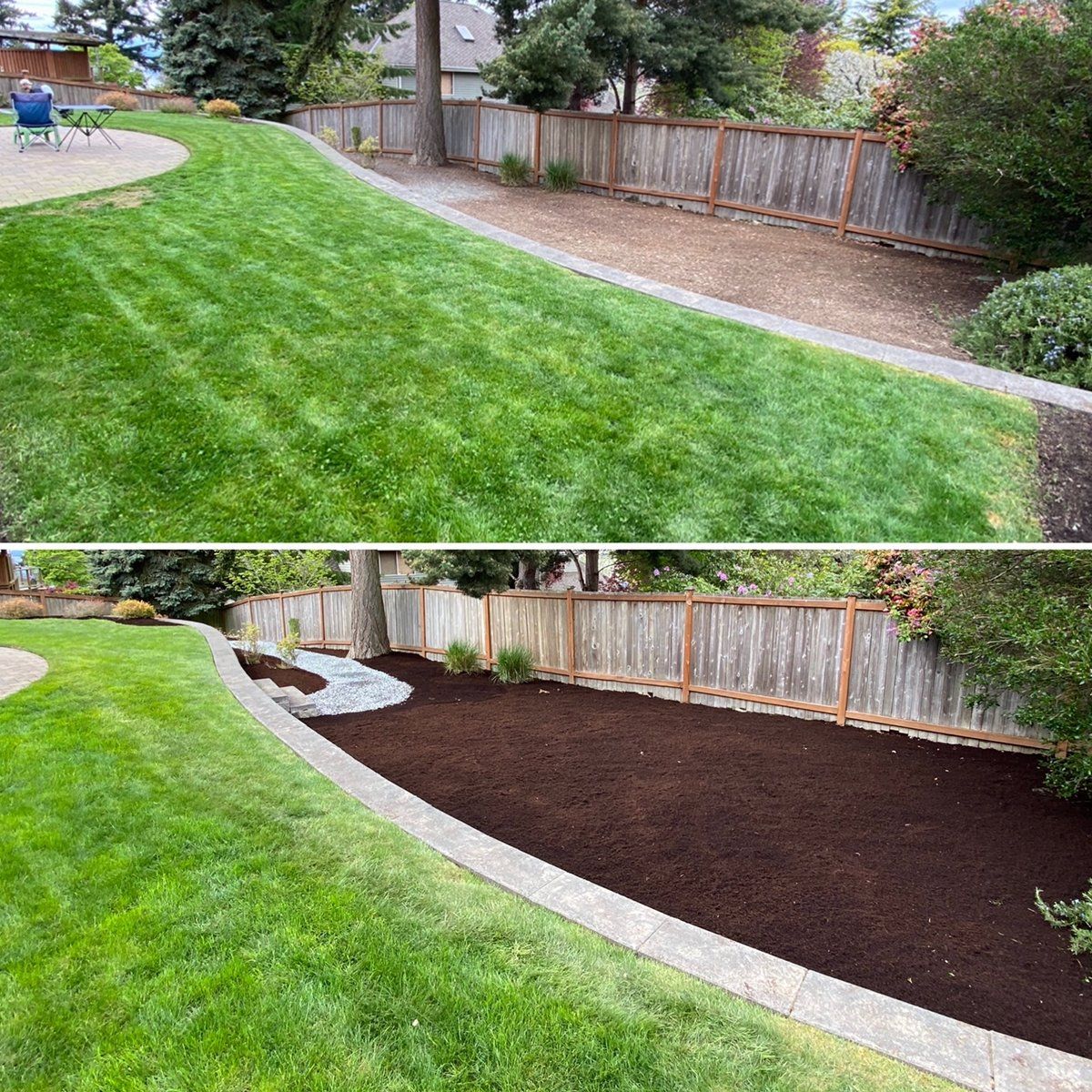 A before and after picture of a lawn with mulch and a fence.