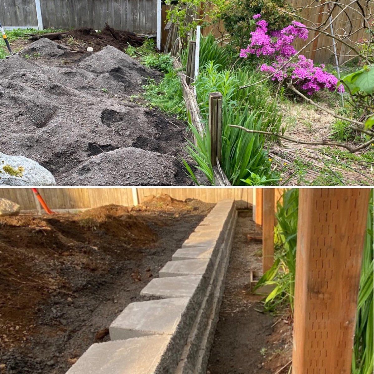 A before and after picture of a garden being built.