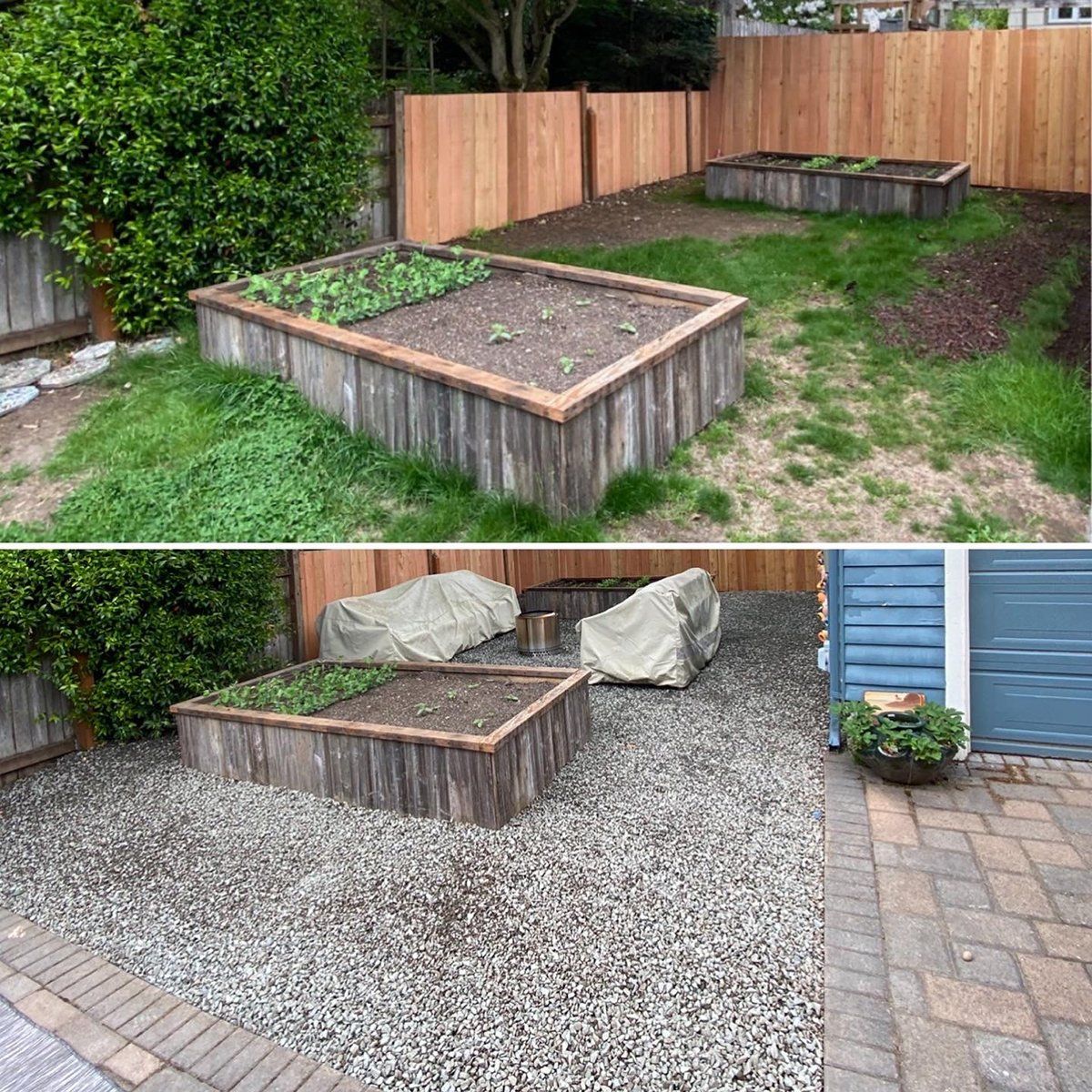 A before and after picture of a garden with gravel and a wooden fence.
