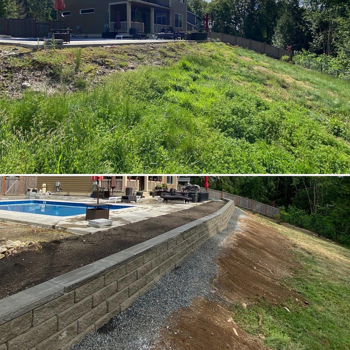 A before and after picture of a swimming pool being built.