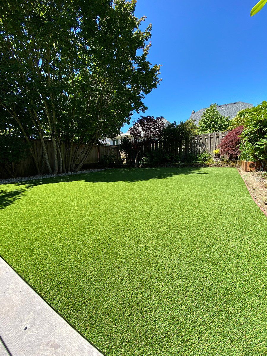 A large lush green lawn with trees in the background and a house in the background.