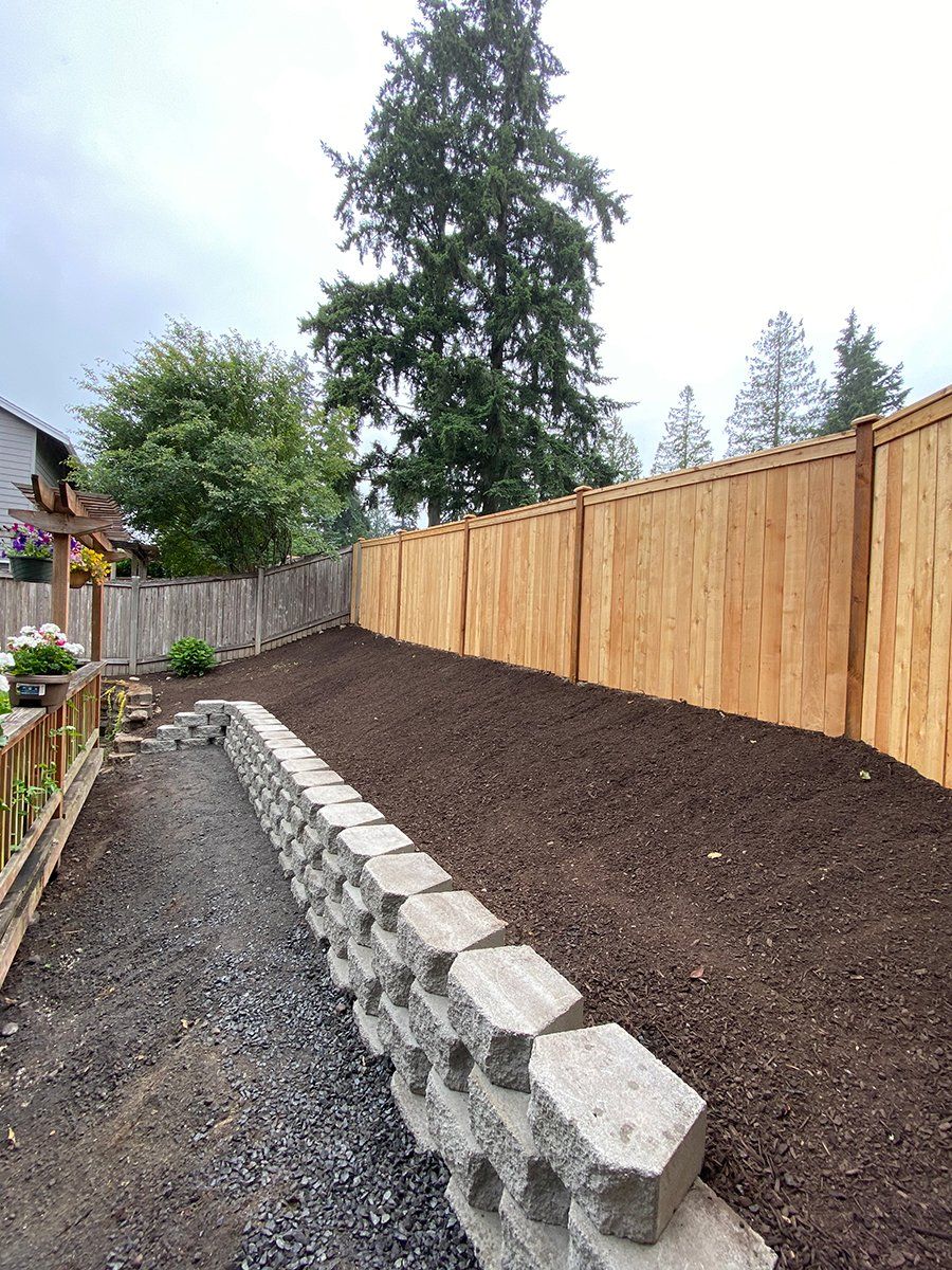 A wooden fence surrounds a gravel path in a backyard.