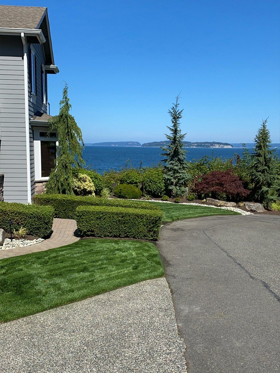 A house with a view of the ocean and a driveway leading to it.