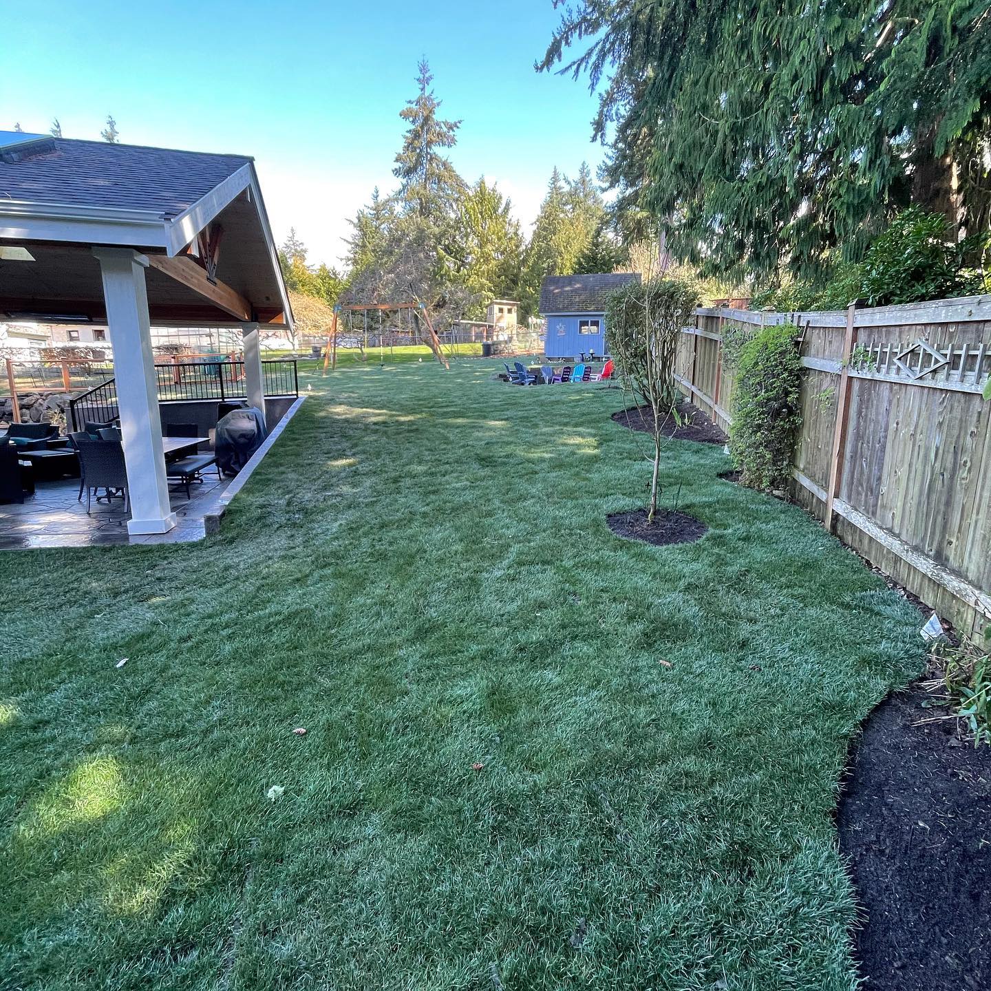 A backyard with a gazebo and a fence and a lot of grass.