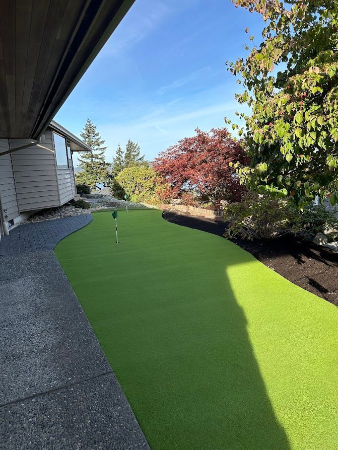 There is a putting green in the backyard of a house.