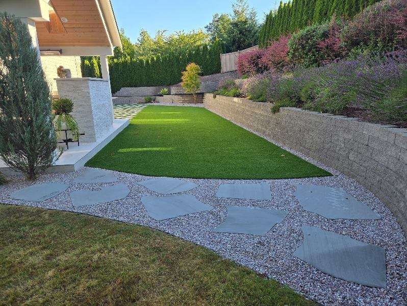 A backyard with a lush green lawn and a stone walkway.