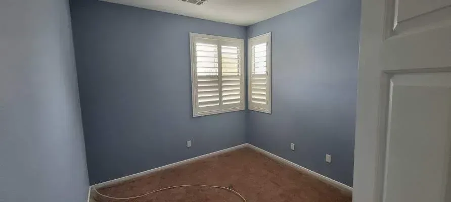 Empty room with blue walls, brown carpet, white shutters on window, and white door.