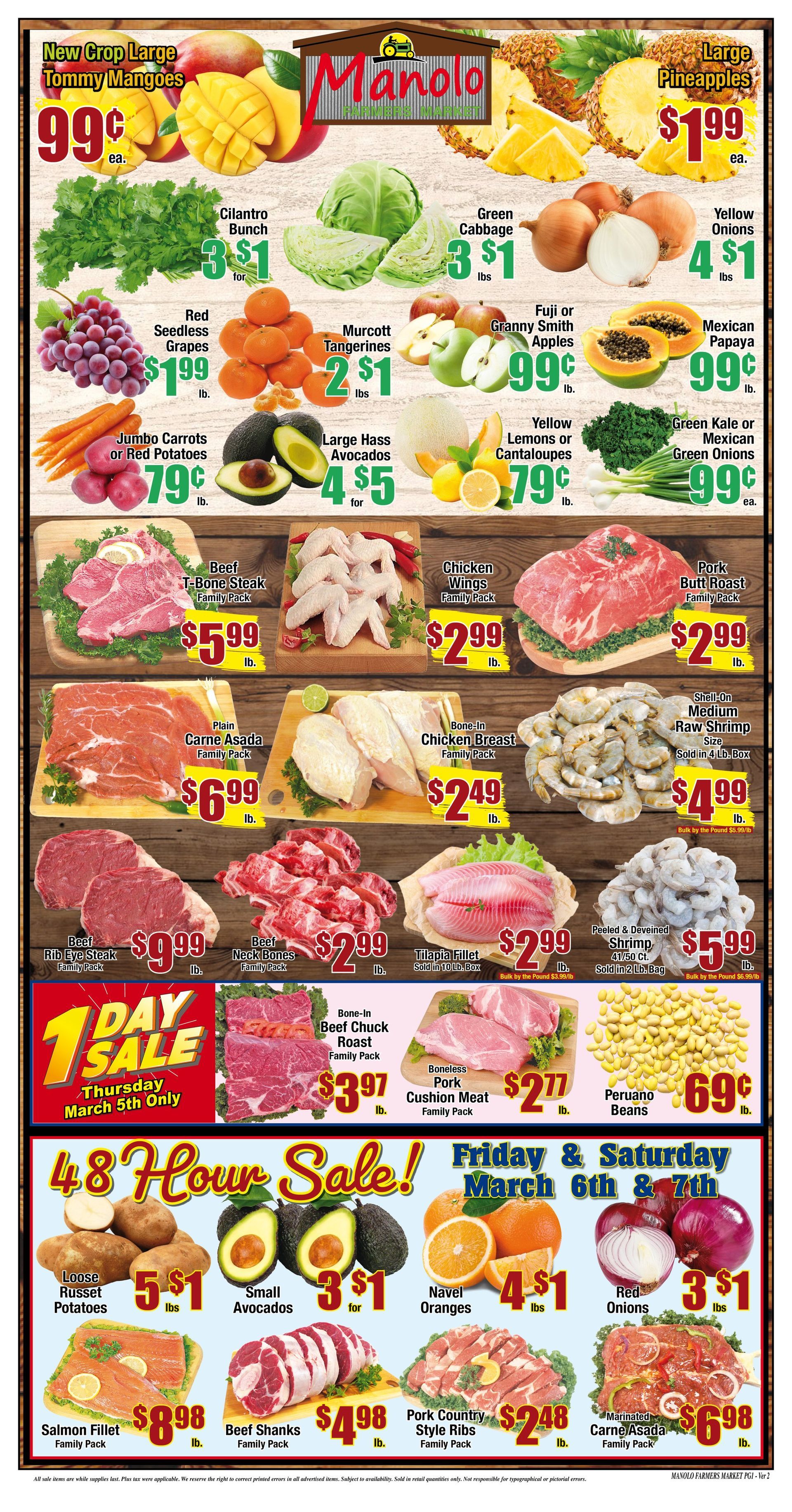 Grocery store flyer with produce, meat, and sale prices.