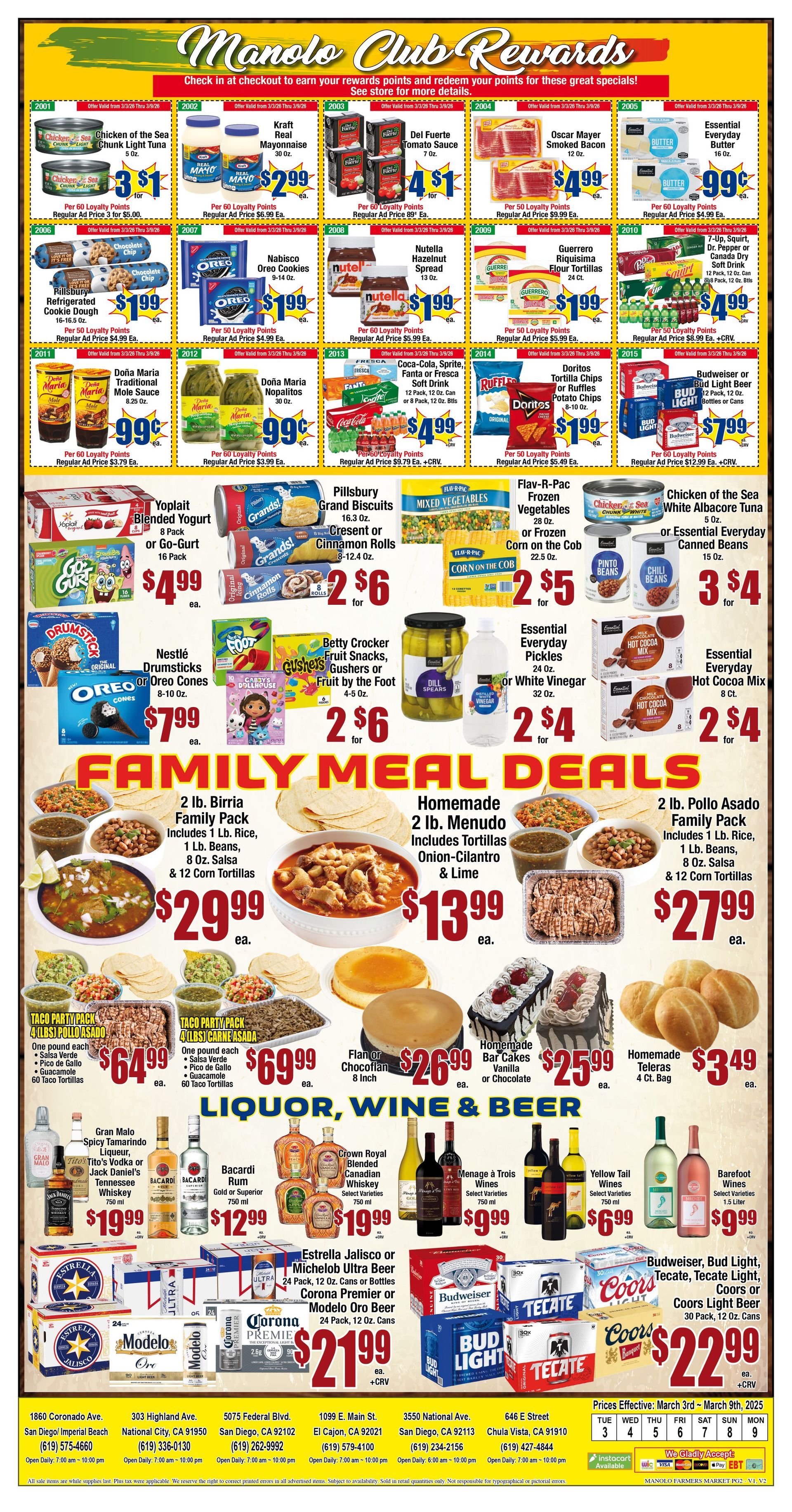 Grocery store advertisement showcasing food and drink deals.