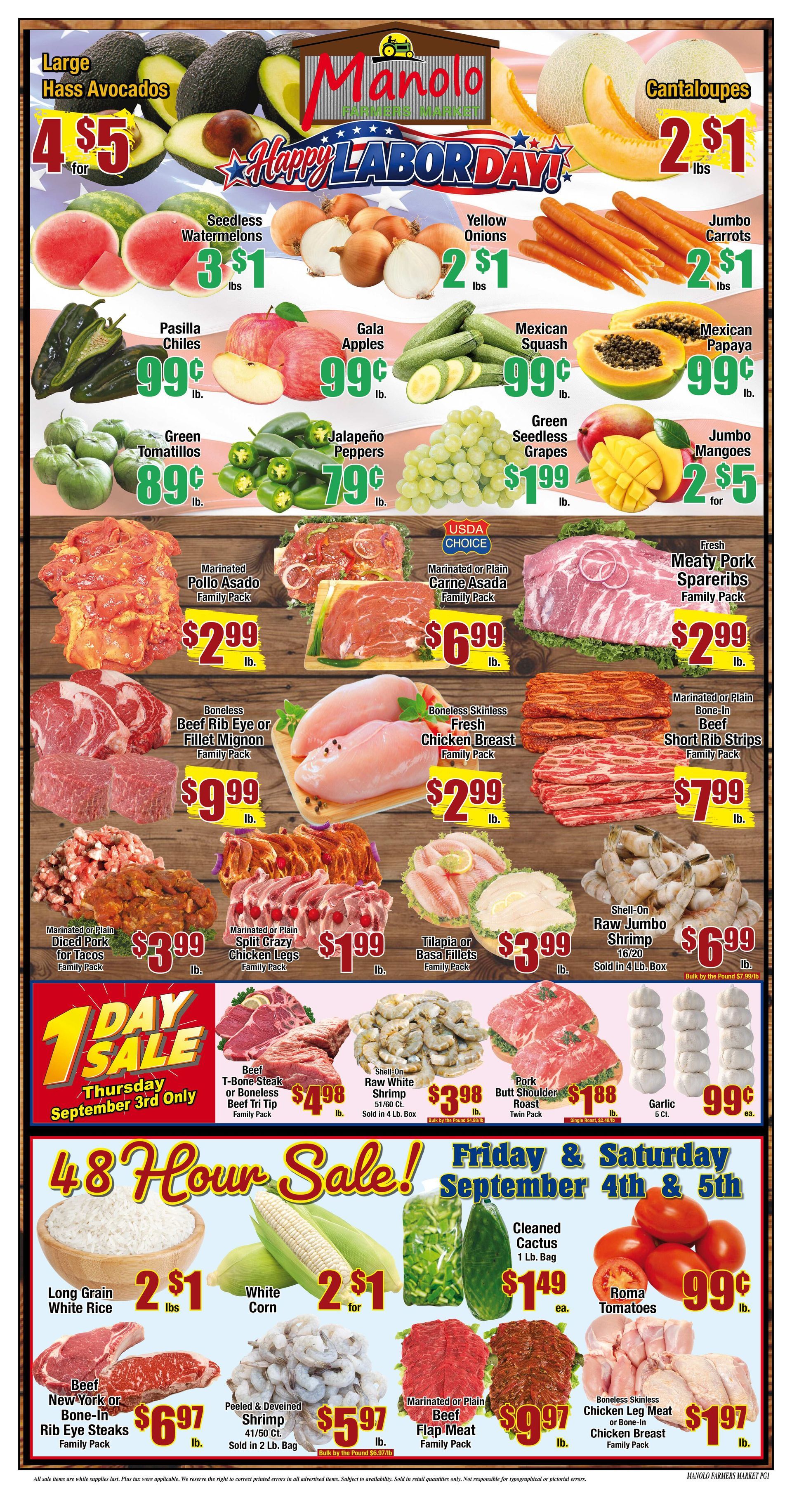 Manolo store flyer with produce and meat weekly sale prices.