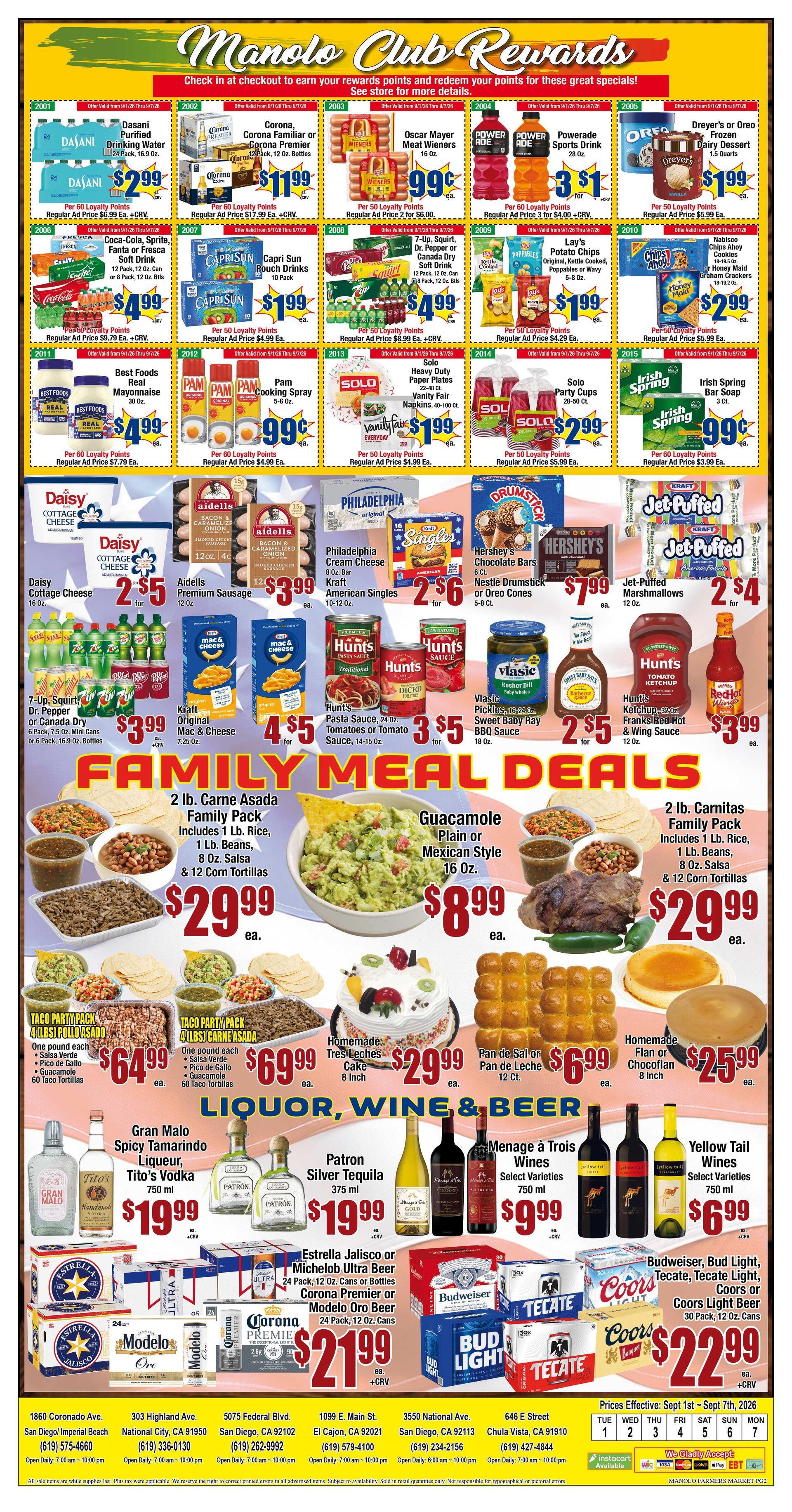 Manolo store advertisement featuring food and liquor weekly deals.