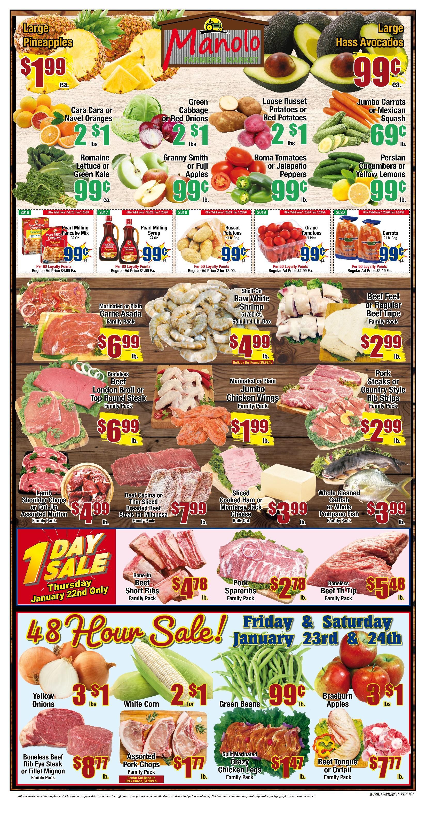 Manolo store flyer with produce and meat weekly sale prices.
