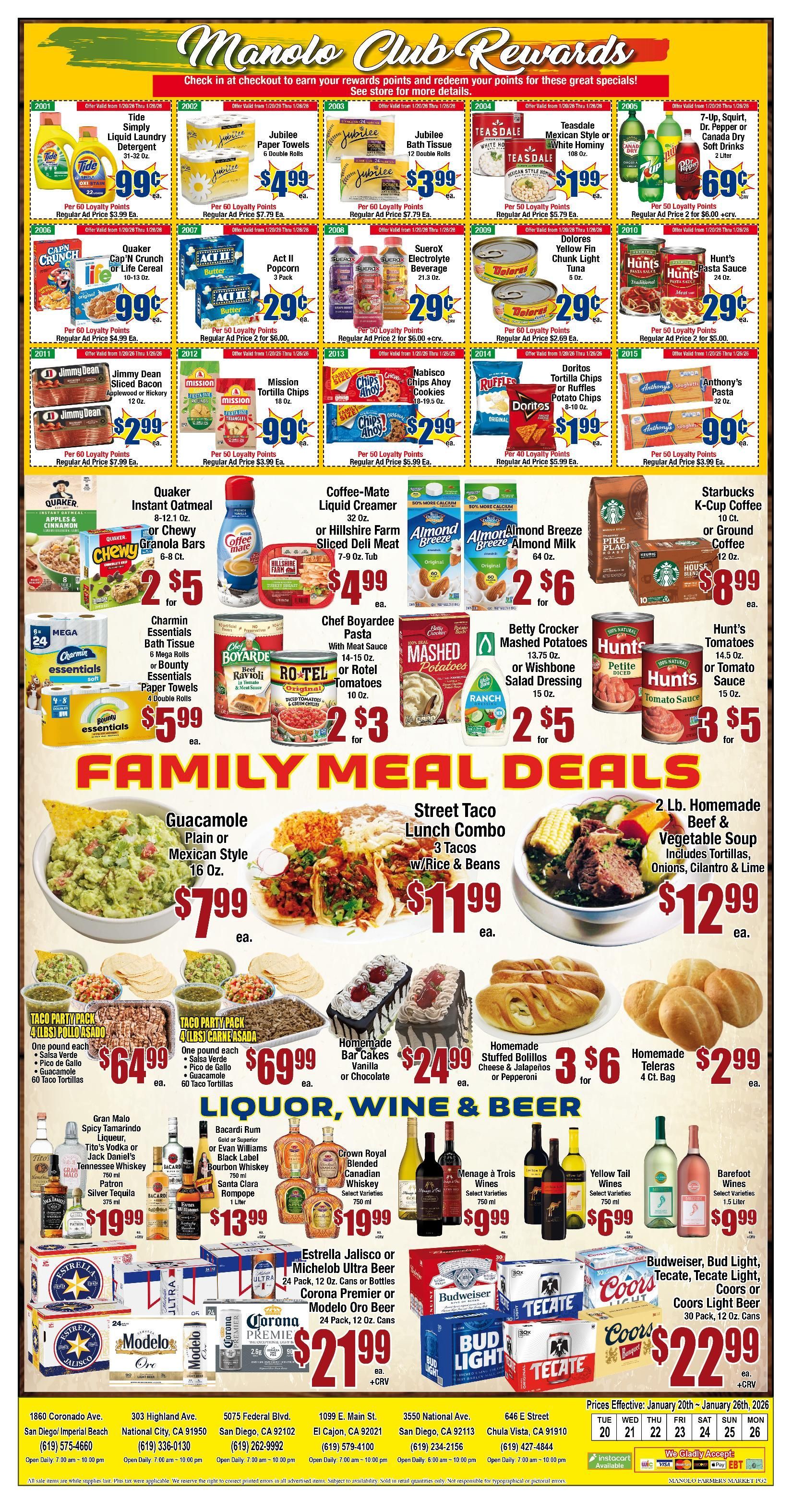 Manolo store advertisement featuring food and liquor weekly deals.