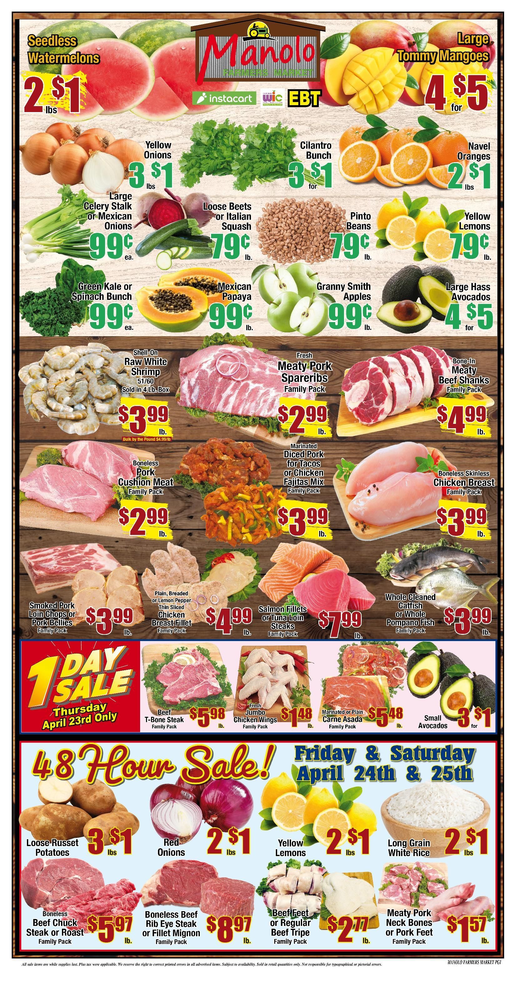 Manolo store flyer with produce and meat weekly sale prices.