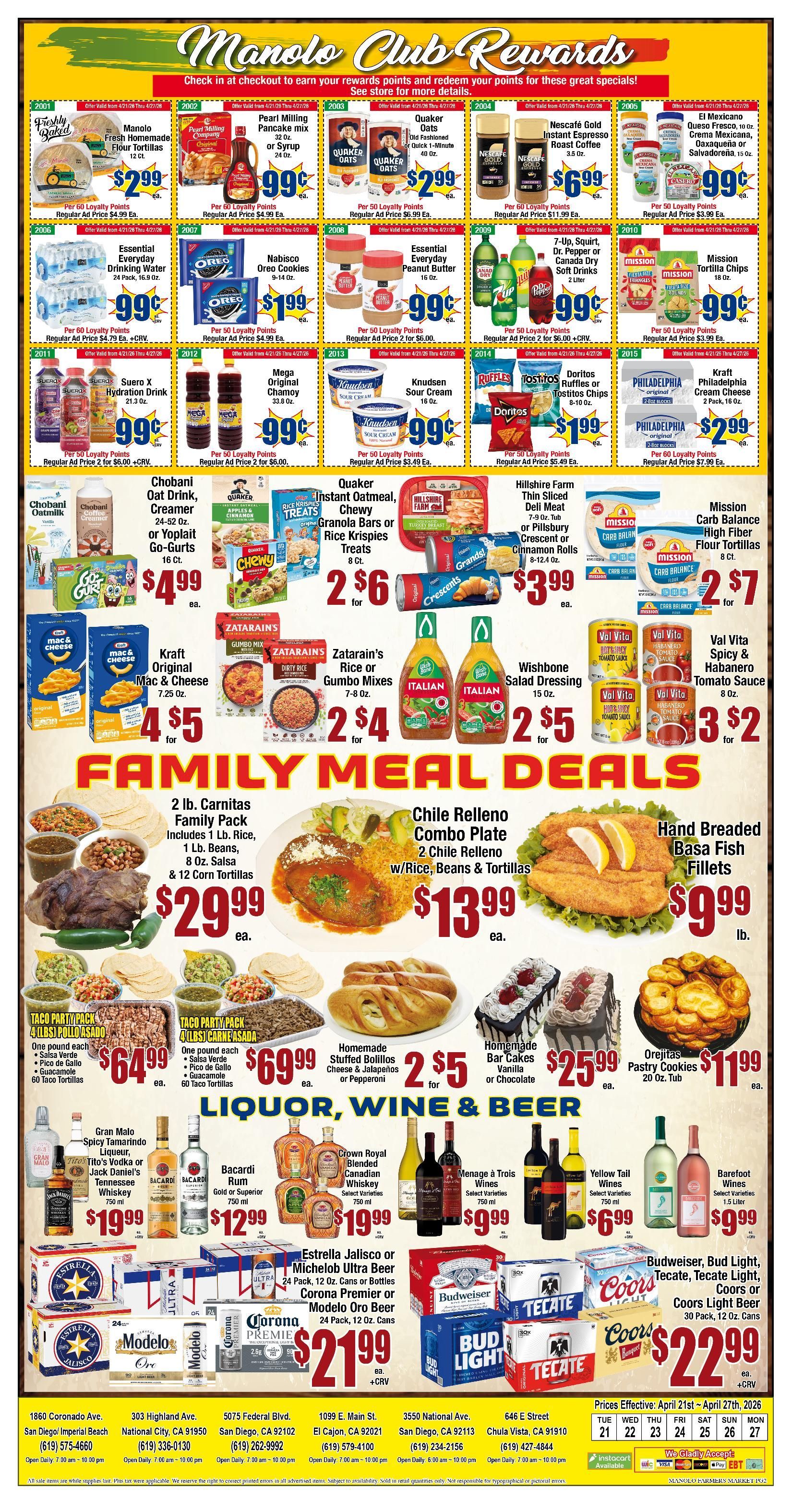 Manolo store advertisement featuring food and liquor weekly deals.