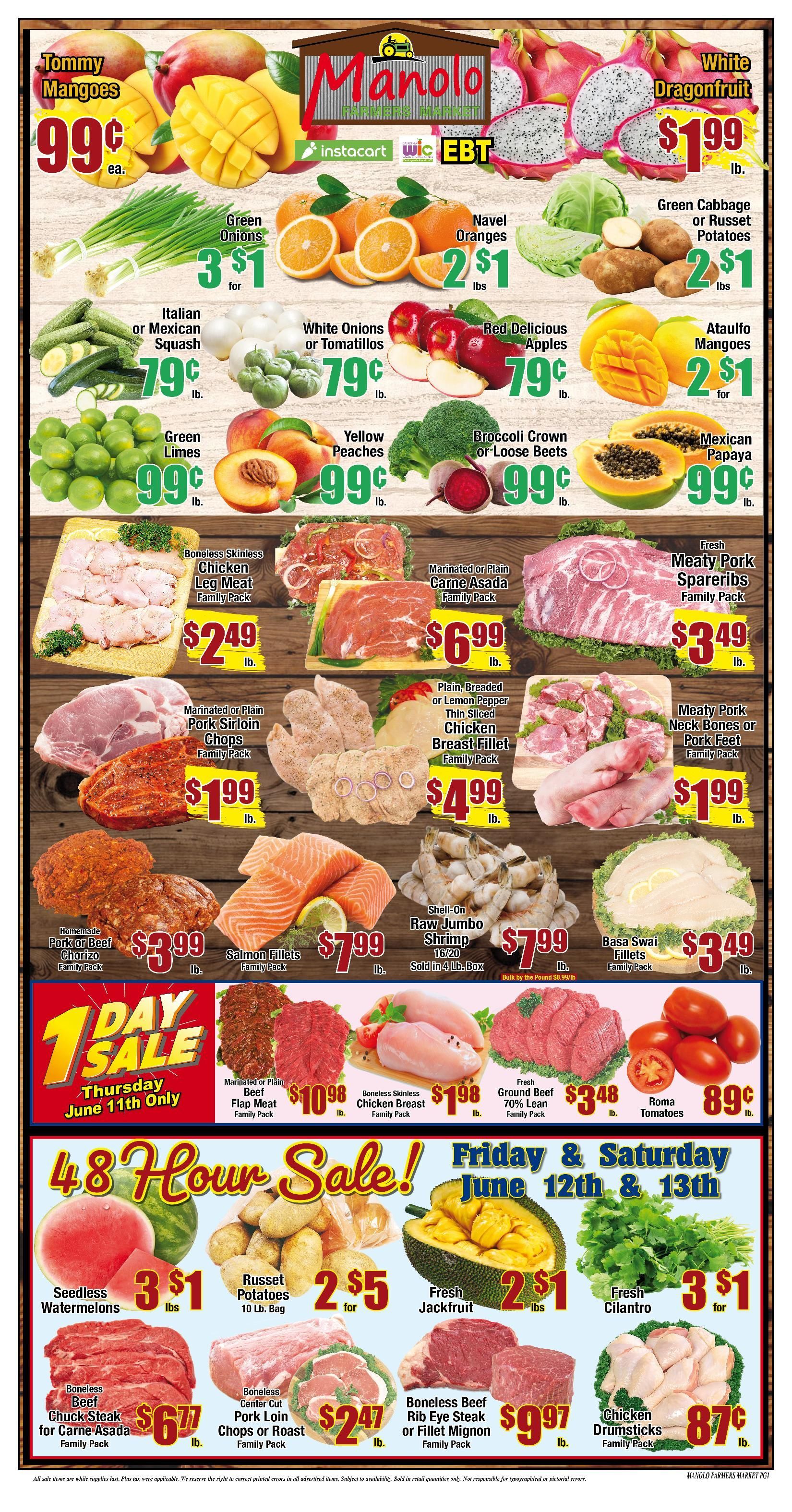 Manolo store flyer with produce and meat weekly sale prices.
