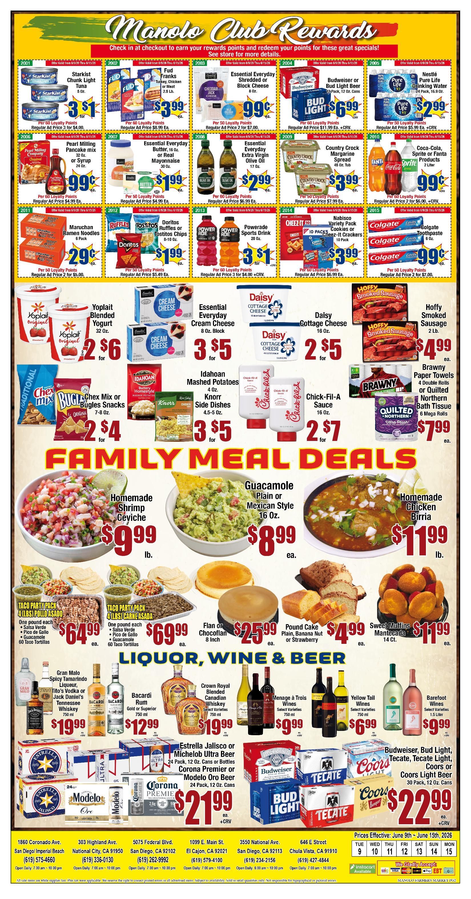 Manolo store advertisement featuring food and liquor weekly deals.